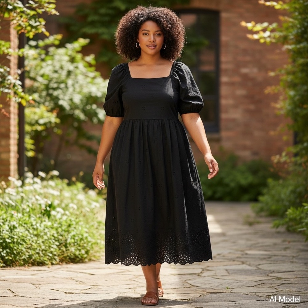 Unbranded Eyelet Midi Dress Womens L Black Puff Sleeve Pockets‎ Cottagecore